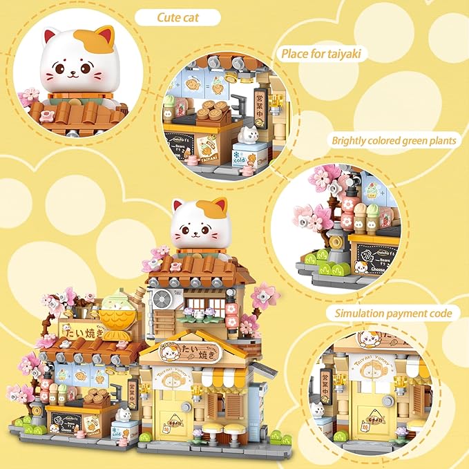 Cute Cat Mini City Street View Building Blocks Set - Realistic Architecture Model Kit, 3D Puzzle Toy for Adults & Kids, Foldable House Building Kits for Home Decoration