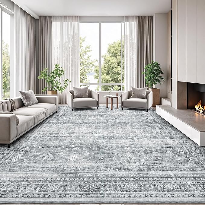 9x12 Area Rug for Living Room, Non-Slip Washable Grey Large Carpet | Soft Neutral Rugs for Bedroom, Dining Room, Home Office Indoor Nursery, Stain Resistant, Low Pile, Vintage Distressed Rug