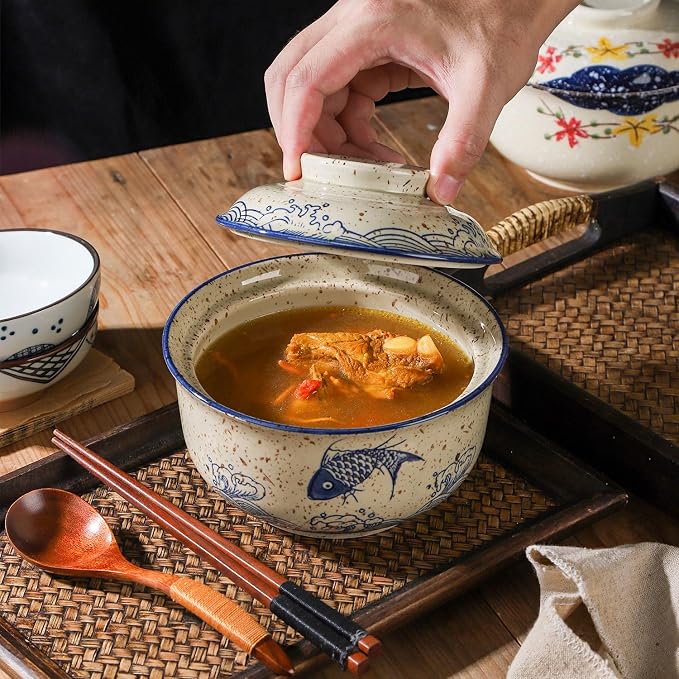 VanEnjoy Microwavable Ramen Bowl with Lid, 25 Oz Japanese Bowl Big Ceramic Japanese Soup Bowl with Lid, Korean Clay Pot - floral