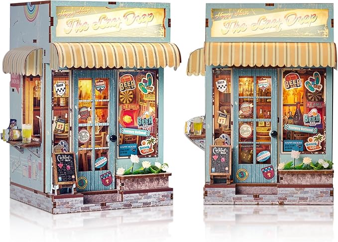 Foyucool DIY Book Nook Kit, Miniature Dollhouse Bookshelf Insert with Light, Laser-Cut Wooden Craft Set for Adults, Perfect for Teens and Adults, Beach Bar