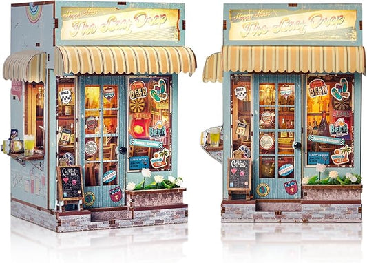 Foyucool DIY Book Nook Kit, Miniature Dollhouse Bookshelf Insert with Light, Laser-Cut Wooden Craft Set for Adults, Perfect for Teens and Adults, Beach Bar