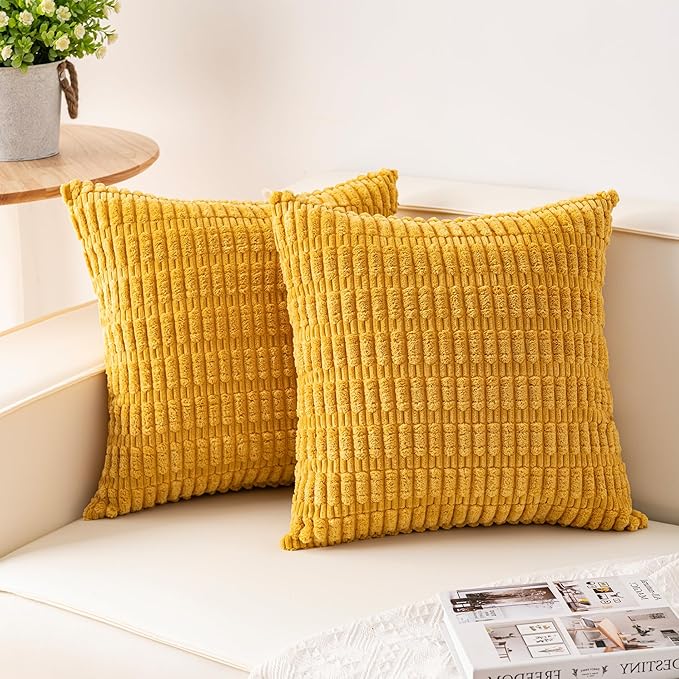 Aegero Pack of 2 Corduroy Decorative Throw Pillow Covers 18x18 Inch, Yellow | Fall Soft Striped Pillow Covers Modern Farmhouse Home Decor Christmas Throw Pillow Covers for Sofa Living Room Couch Bed
