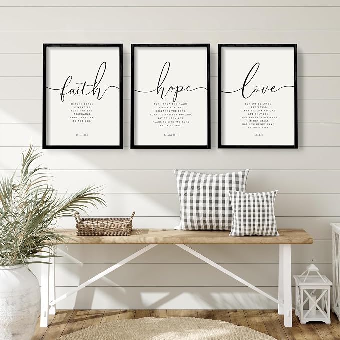 Houmury Set of 3 Framed Farmhouse Bible Verses Wall Decor Sign 11”x14” Christian Faith Scripture Wall Art for Home Bedroom Wall Decor (11"x14" Black)