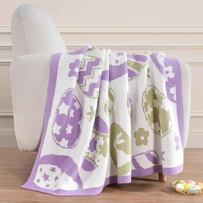 Animal Chenille Throw Blanket for Couch, Bunny and Eggs Knit Throws, Cozy Soft Summer Party Themed Blankets for Sofa, Bed, Gift & Decor, 50"x60", Purple/Green
