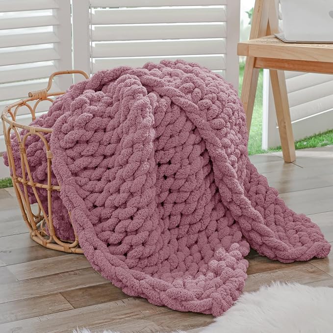 Bigacogo Chunky Knit Throw Blanket for Couch, 40x40 inches, Burnt Rose | Hand Knit with Jumbo Chenille, Soft Breathable Cable Knit for Sofa Bed Living Room, Machine Washable, Gift for Mom Friend