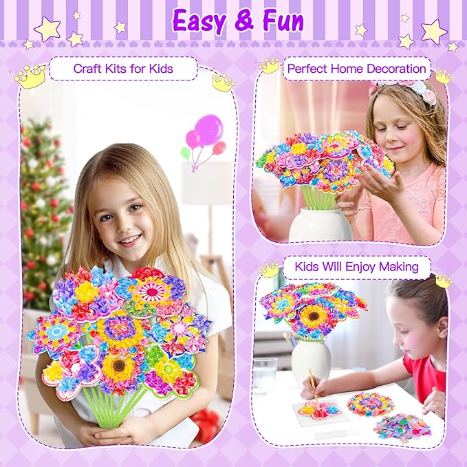 RIEYON Poke Poke Art - Flower Bouquet Kits for Kids, 12 Flowers Art and Craft DIY Creative Activity Crafts Kits, Mess-Free Fun for Kids, Birthday Christmas Gifts for Girls & Boys Ages 5, 6, 7, 8, 9,10