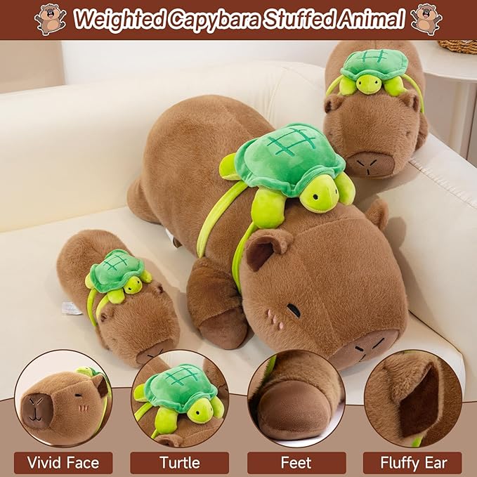 SQEQE Weighted Stuffed Animals Capybara Plush, Weighted Capybara Stuffed Animals with Turtle Backpack, Soft Pillow Toy for Kids Adults, Birthday Presents 13.8 Inch, 1.7 Lbs
