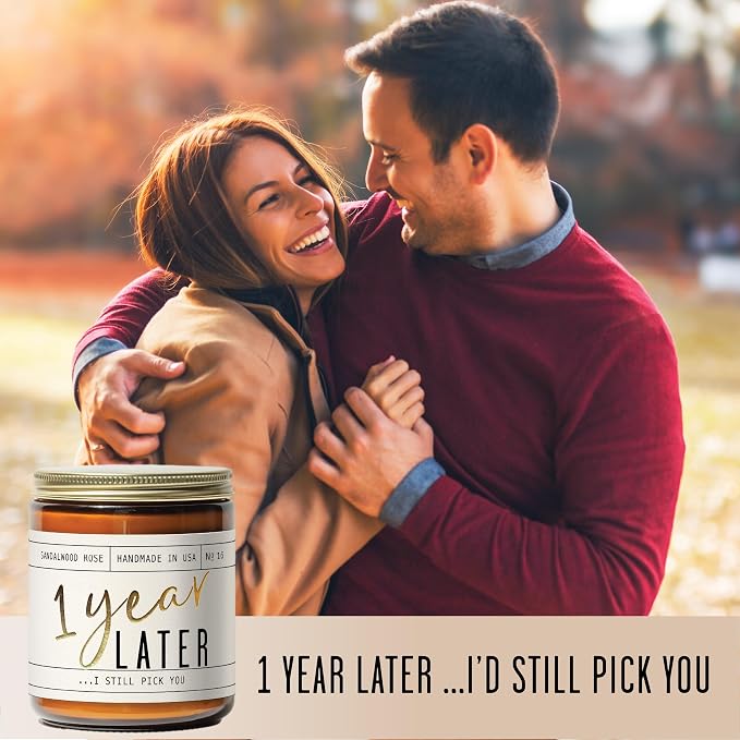 1 Year Anniversary Gifts for Girlfriend or Wife - '1 Year Later' Candle, w/Sandalwood Rose - infused w/Essential Oils I 1st Anniversary Gift I One Year Anniversary Gifts for Her I 50Hr Burn, USA Made