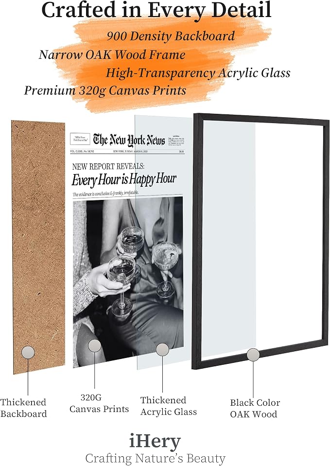 iHery 18x24in Every Hour Is Happy Hour Black Framed Newspaper Wall Art | Premium Black Natural OAK Wood Frame with Canvas Print, Retro Editorial Decor for Bedroom, Girl Dorm, Living Room 1Pack