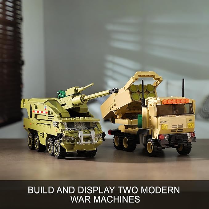Military Vehicles Building Sets Compatible with Lego, Includes 2 Army Armored Trucks Toy Models - HIMARS Rocket Launcher & Dana M2 Howitzer, STEM Army Toys for Boys, Kids, and Teens Ages 8-14