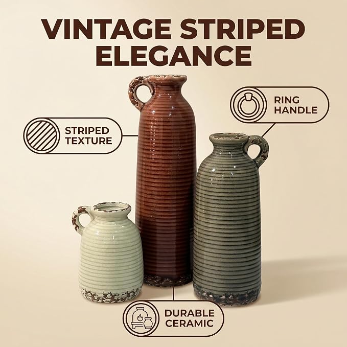 Ceramic Vase Set of 3 with Handles, Brown Neutral Rustic Modern Farmhouse Boho Decor, Versatile as Table Centerpiece or Mantel & Shelf Accent - Unique Home Gift Idea