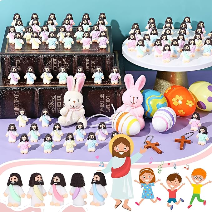 Bememo 300 Pcs Little Jesus Figures Bulk Original Design Mini Pocket Jesus Toys Rubber Figurine to Hide and Seek Religious Party Favors Sunday School Craft Baptism Gifts(Macaron Color)