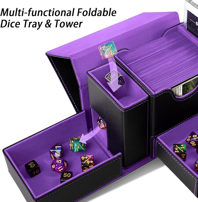 MTG Deck Box for Commander Display with Dice Tower, Fits 100 Double Sleeved Cards for TCG/PTCG, Cards Storage Case with Dice Tray and 35PT Magnetic Card Holder (Black/Violet)