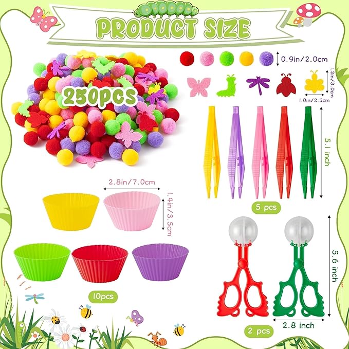 EZdhuawuse Fall Insects Sensory Bin Fillers - 268Pcs Insects Fine Motor Toys Color Counting Sorting Set for Kids, Felt Dragonfly Butterfly Bugs Pom Poms Cup Clip for Preschool Education Activities