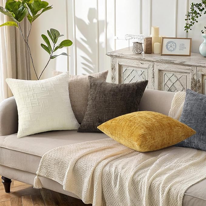 decorUhome Textured Chenille Throw Pillow Covers 18x18 Set of 2 Oatmeal | Fall Modern Farmhouse Soft Cozy Slubby Couch Pillow Cases Boho Decorative Pillow Cases for Bed Sofa Living Room Home Decor