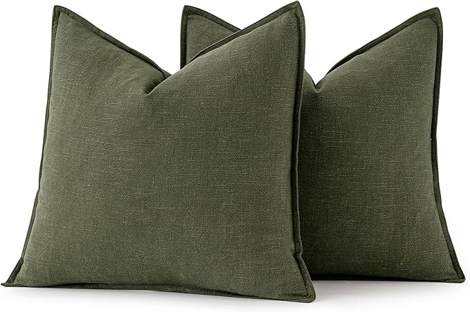 MIULEE Decorative Linen Euro Sham Pillow Covers 26x26 Dark Olive Green | Boho Farmhouse Neutral Couch Throw Pillows for Bed, Pack of 2 Accent Modern Pillowcases, Sofa Livingroom Home Decor