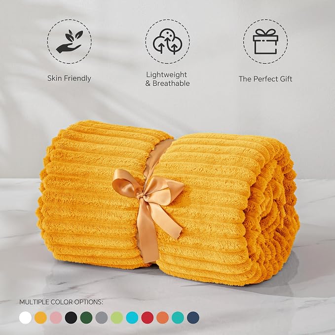 BEDELITE Ribbed Mustard Yellow Fleece Throw Blanket for Couch, 50x60 Inch | Soft Warm Decorative Fluffy Blanket, Cozy Plush Lightweight Fuzzy Throw Blanket for Bed Sofa Home Room Decor, Gift for Women