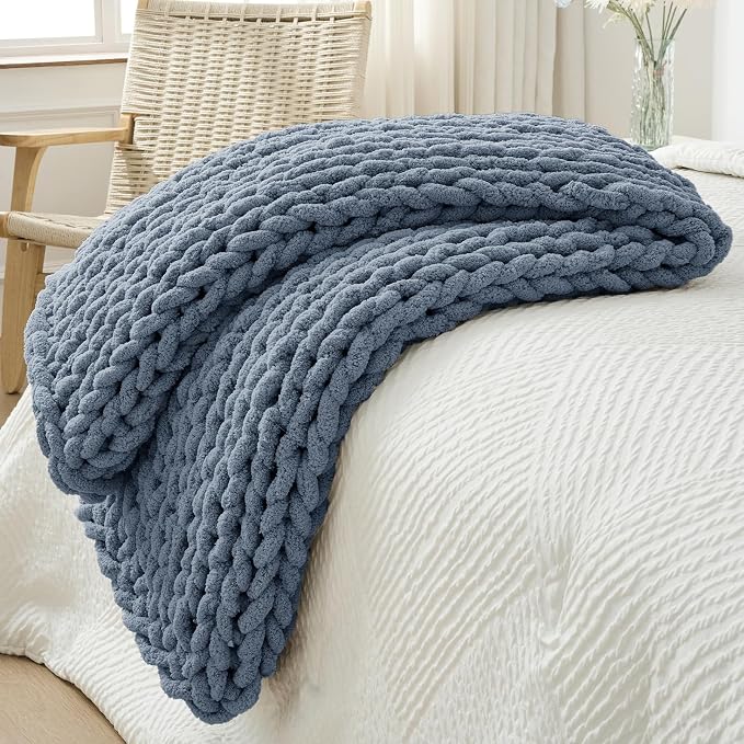 Bigacogo Chunky Knit Throw Blanket for Couch, 40x60 inches, Cold Sea Blue | Hand Knit with Jumbo Chenille, Soft Breathable Cable Knit for Sofa Bed Living Room, Machine Washable, Gift for Mom Friend