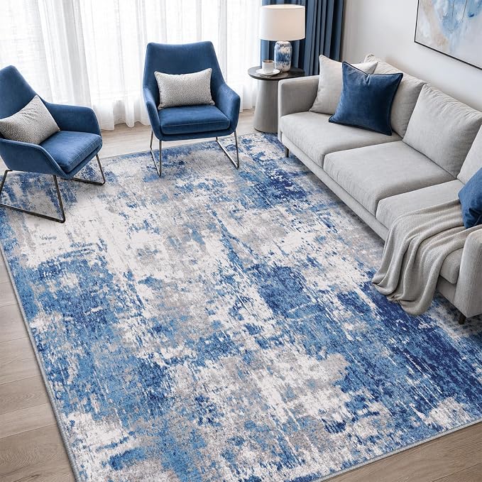 RELEANY Washable 5'x7' Abstract Area Rug for Living Room Blue Gray | carpet for bedroom, kitchen, office, hallway and entryway, printed pattern, non-slip, soft, stain-resistant, easy to clean