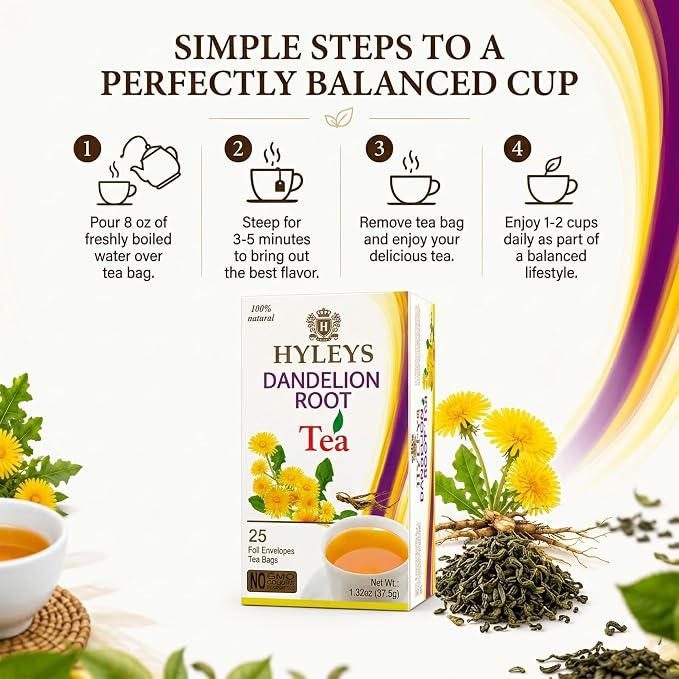 Hyleys Dandelion Root & Green Tea with Milk Thistle and Licorice Root - Herbal Detox Blend - 25 Tea Bags