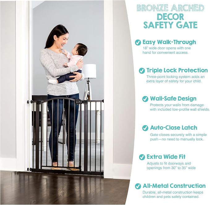 Regalo Safety 30-35” Extra Wide Baby Gate for Doorways & Bottom of Stairs, Pressure Mounted Walk-Through Gate for Babies, Toddlers & Pets, Bronze