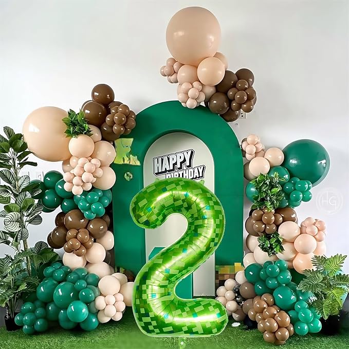 Number 2 Balloons 40 Inch, Gaint Cartoon Lime Green Pixel 2 Balloon Number for Boys 2nd Birthday Decorations, Dark Kelly Green Foil 2 Balloon for Kids Two Year Old Birthday Video Game Golf Party Decor