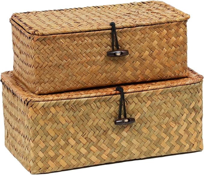 Set of 2 Wicker Basket with Lid, Seagrass Woven Basket for Storage | Decorative Storage Baskets Bins for Organizing Home, Shelf Storage Boxes, Rectangular Woven Design, Multipurpose Home Decor