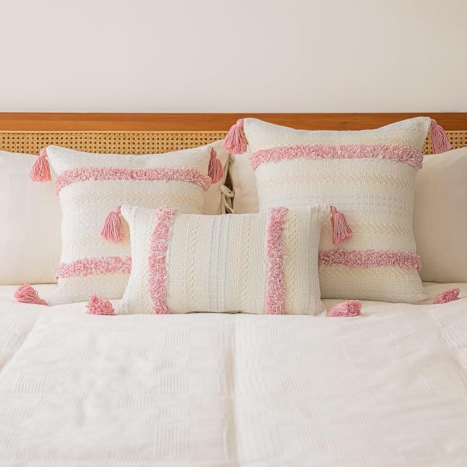 BUIOVBEY Boho Throw Pillow Covers Woven Tufted Pillow Cases with Tassels | Farmhouse Pillow Covers 20x20 Set of 2 Textured Striped Cushion Case Neutral Decorative Pillowcase for Sofa Couch Bed Pink