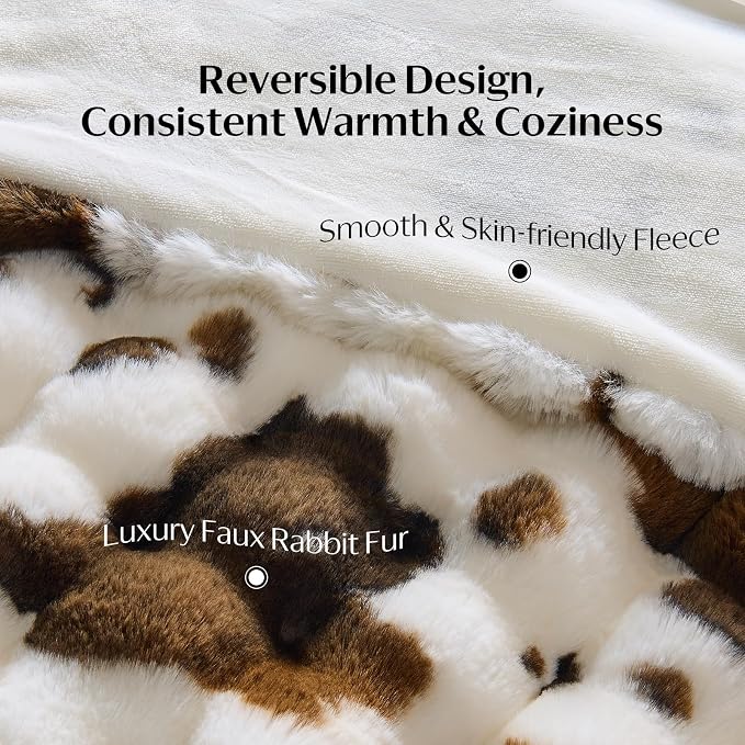 DOWNCOOL Faux Rabbit Fur Throw Blanket, Soft Fluffy Fuzzy Plush Bubble Blanket for Couch Sofa & Bed, Cozy Warm Luxury Fleece Minky Blanket, 60x80 Inches Cow Print-Brown