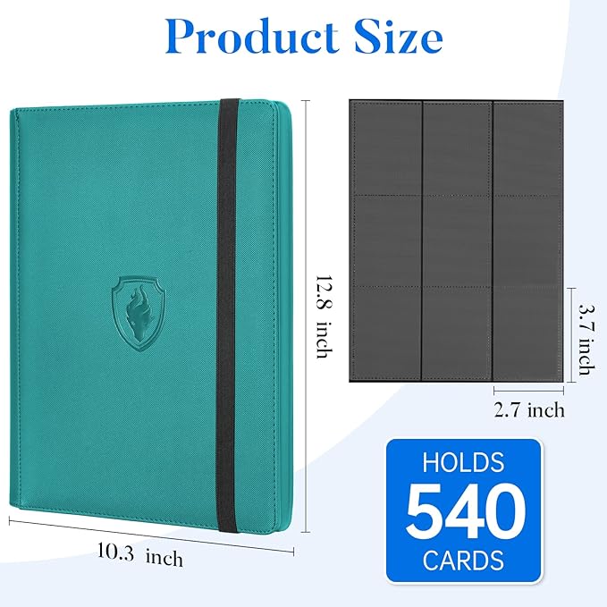 Premium 9 Pocket Card Binder for 540 Cards, Fabmaker PU Cover Trading Card Binder, Sturdy Card Collection Album, Sleek Card Holder Folders for Game Cards & Sports Cards, Turquoise