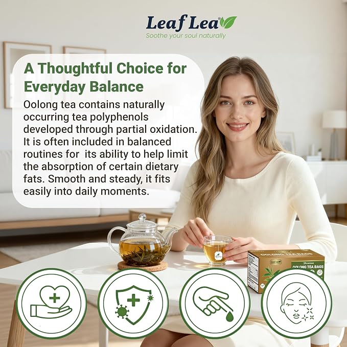 LeafLea Oolong Tea Bags, 100% Pure Leaves, Smooth Toasted Notes, Sugar-Free | 40 Te Oolong Bags, Whole Camellia Sinensis Leaves, Golden Amber Cup, Light Roast Aroma, Caffeinated, Individually Wrapped