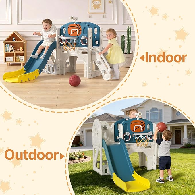 BIERUM 9 in 1 Toddler Slide, Kid Slide for Toddlers Age 1-3 with Ring Toss, Basketball Hoop, and Telescope, Indoor Outdoor Playset Playground Blue Yellow