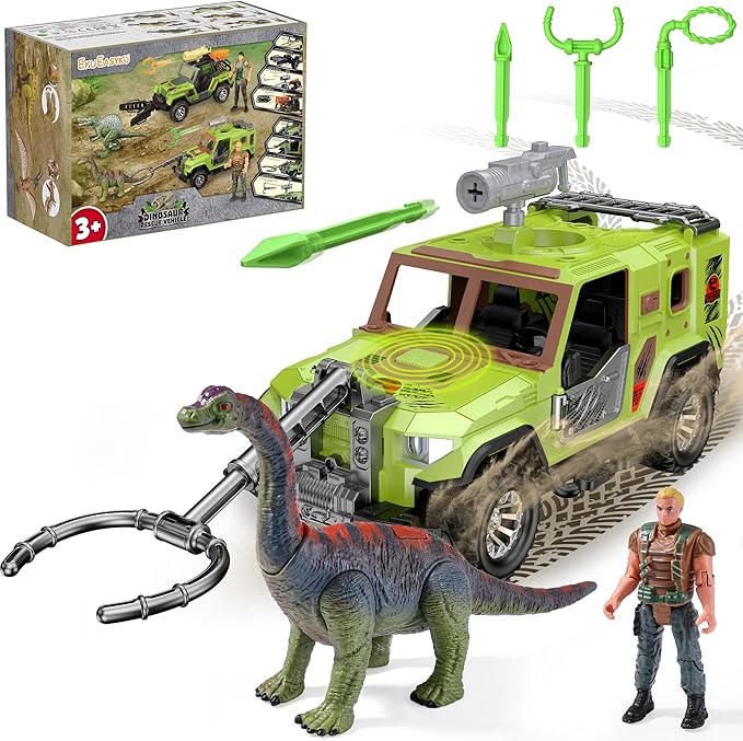 EKU Dinosaur Truck with 10 Sounds, Launcher, Wide-Mouth Fork, Human, Heads Moves Attack Brachiosaurus Figure, Push and Go Adventure Vehicle for Jurassic World Toys Pretend Play Gifts for Kids 3+