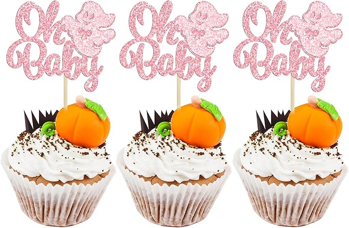 Gyufise 24Pcs Ghost Oh Baby Cupcake Toppers Pink Glitter Bow Spooky Cupcake Picks for Halloween Ghost Theme Baby Shower Kids Birthday Party Cake Decorations Party Supplies