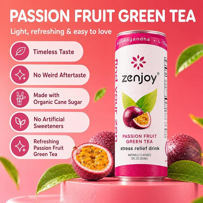 Zenjoy Adaptogen Drink Stress Relief Tea | Non Alcoholic Calming Drink w/Ashwagandha, Lemon Balm & L-Theanine for Focus | Stress Tea Calming Social Mocktail with Adaptogens (12 Pack, Passion Fruit)