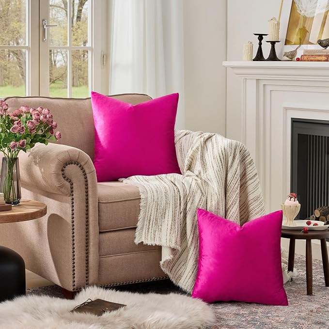 GIGIZAZA Hot Pink Velvet Pillow Covers 26x26 Decorative Pillows Pack of 2 | Throw Pillows for Couch,Euro Sham,280gsm Soft Textured Fabric,Modern Square Pillowcases,Luxury Cushion Covers