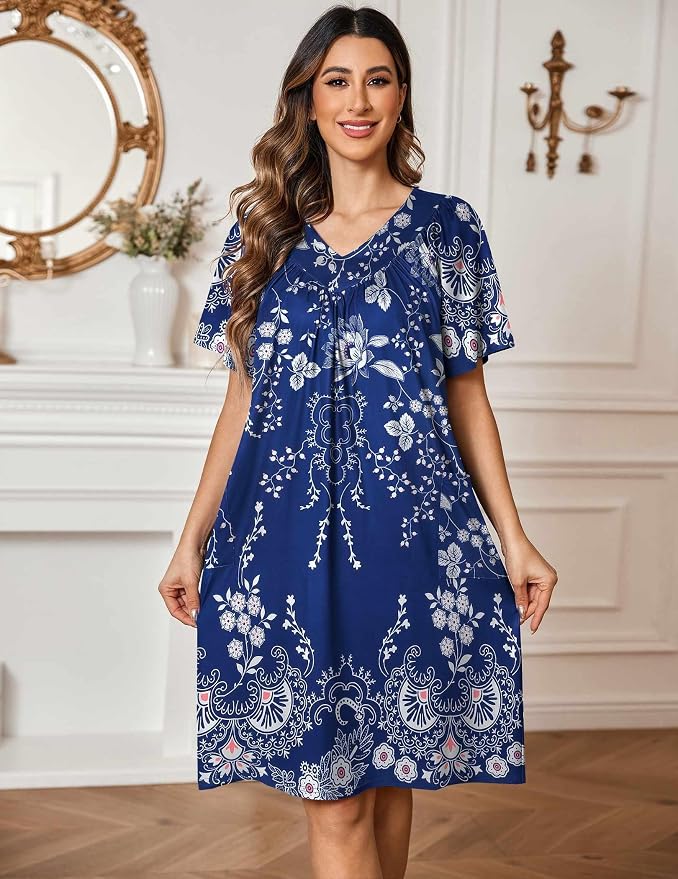 Ekouaer Womens House Dress Floral Print Nightgown with Pockets Mumu Dress