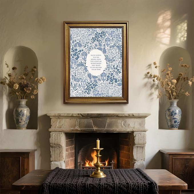 Slow Down You're Doing Fine Music Poster Motivational Song Lyric Blue Wall Art Vintage Positive Quote Daily Reminder Floral Canvas Print for Office Bedroom Home Decor 16x24inch Gold Framed