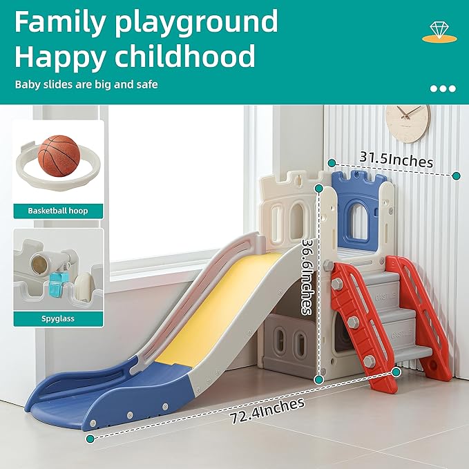 5 in 1 Toddler Slide, Extra-Long Kids Slide for Toddlers Age 1+ with Basketball Hoop and Ball, Storage Space, Indoor Outdoor Slide Playset Toddler Playground Climber Playset, Colourful