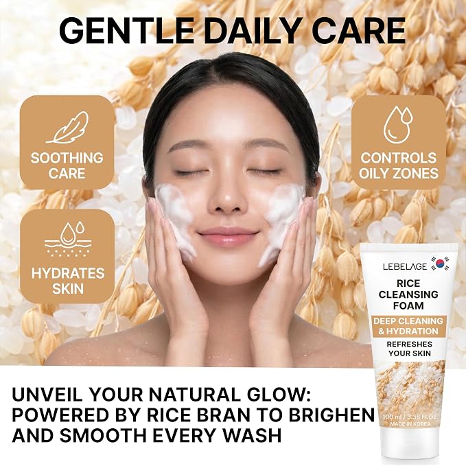LEBELAGE Korean Rice Facial Cleanser 3.38 oz | Cleansing Foam Face Wash | Low pH Gentle Hydrating Daily Facial Cleanser Sensitive Skin | Deep Cleansing Foaming Cleanser, Pore Care-All Skin Types