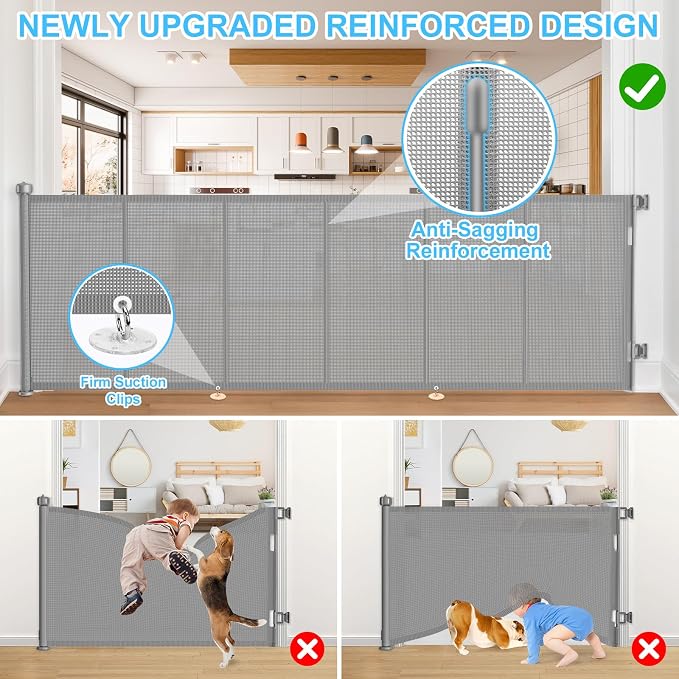 120 Inch Retractable Baby Gates Extra Wide, 41 Inch Reinforced Extra Tall Gate for Large Openings, Mesh Safety Gate for Kids Pets, Retractable Dog Gate for Stair Hallways Doorway Indoor Outdoor, Gray