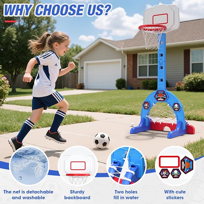 HYES Toddler Basketball Hoop, 3-in-1 Sports Activity Center with Soccer Goal, Golf Game, 5 Height Adjustable Kids Basketball Hoop, Indoor Outdoor Playset Toys Gifts for Boys Girls 3-5, Blue