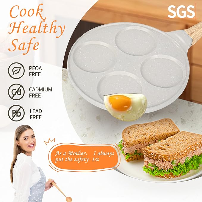 10.5" Pancake Pan Suitable for All Cooktops 4-Cup Pancake Maker 1-Pack | Beige, PFOA Free, 4-Cup, Mini Silver Dollar Gril, Stay-Cool Handle, Mini Pancake Pan
