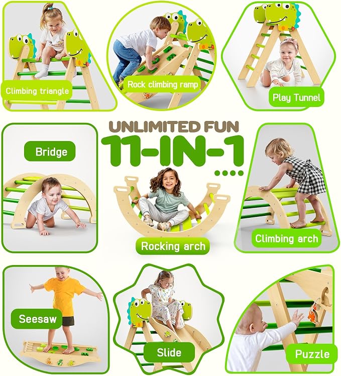 Pikler Triangle Set, 11-in-1 Montessori Climbing Toy for Toddlers, Foldable Wooden Indoor Jungle Gym & Playground Climber for Learning and Motor Skills (18 Months–7 Years)