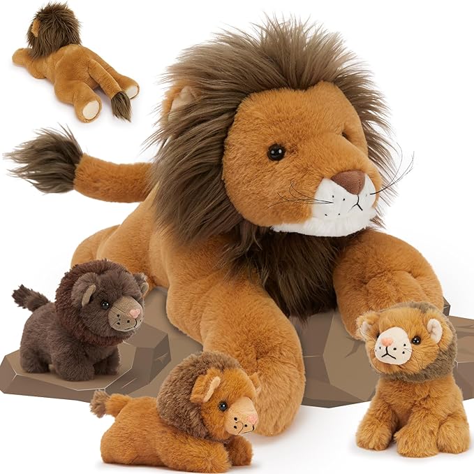 MaoGoLan 4 Pcs Lion Stuffed Animal Set - 19.6'' Lion Plush Toy with 3 Babies in Hers Zippered Back, Charming Gifts for Kids, Suitable for Birthday Christmas Festive Decorn