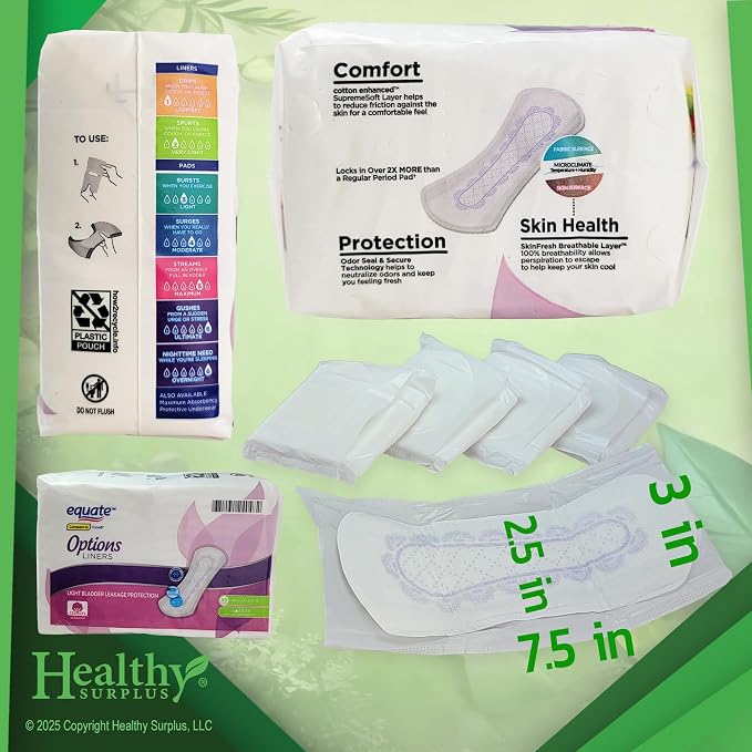 Equate Options Liners - 2 Packs of 30 (60 Total) - Light Bladder Leakage Protection - Regular Length and Vital Volumes Tips Card