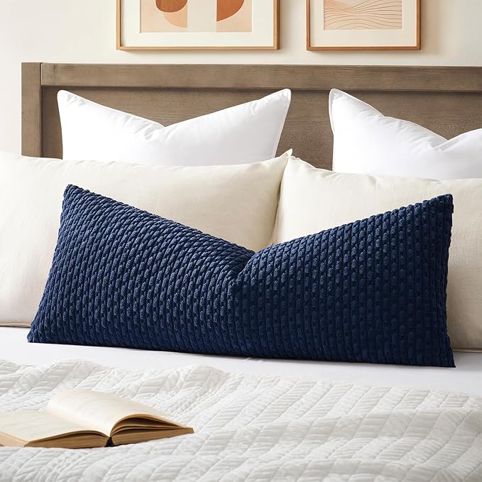 Kevin Textile Soft Corduroy 14"x36" Lumbar Pillow Cover 1 Pack, Navy Blue | Boho Stripe Plush Corduroy Decorative Oblong Cushion Cover Modern Farmhouse Home Decor for Sofa Couch Bed Chair