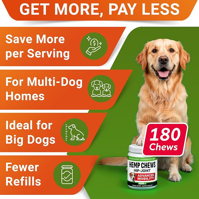 STRELLALAB Hemp Chews for Dogs - Hip & Joint Supplement with Glucosamine - Joint Pain Relief Treats - Omega 3, Chondroitin, MSM - Advanced Mobility Support - Chicken Flavor - 180 Ct - Made in USA