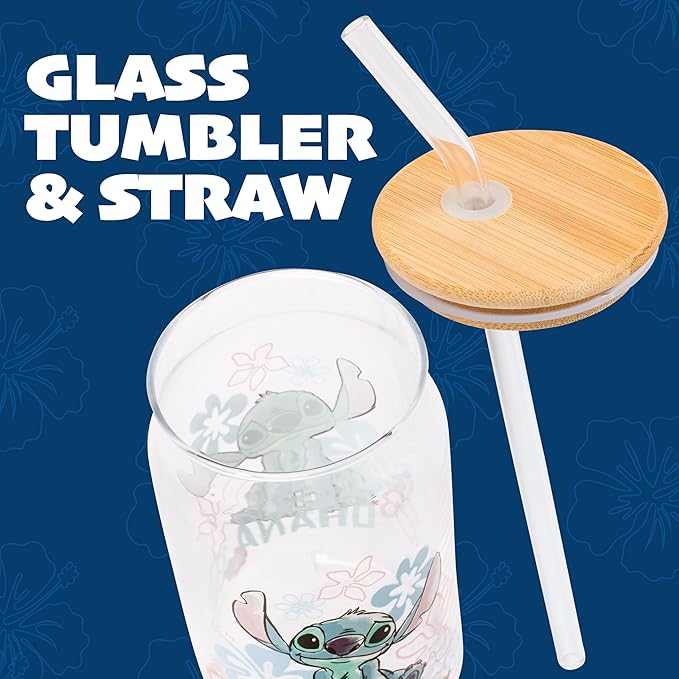 Silver Buffalo Disney Lilo and Stitch Ohana Floral Glass Jar Tumbler with Bamboo Lid and Glass Straw, 16 Ounces
