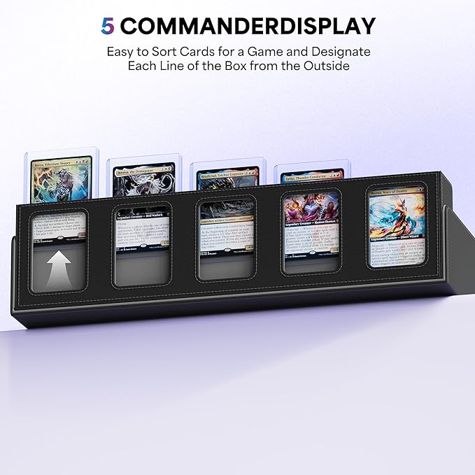 UAONO Trading Card Storage Box with Commander Display;3900+ Card Box for MTG, Removable Cover; 5 Row Case fits MTG TCG Sports Cards 48 Dividers,5 Stoppers,5 Top Loaders,1 Dice Box(Black, Grey)